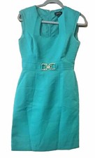 tahari arthur s levine sheath green dress belted gold buckle size 2 Sm Flaw