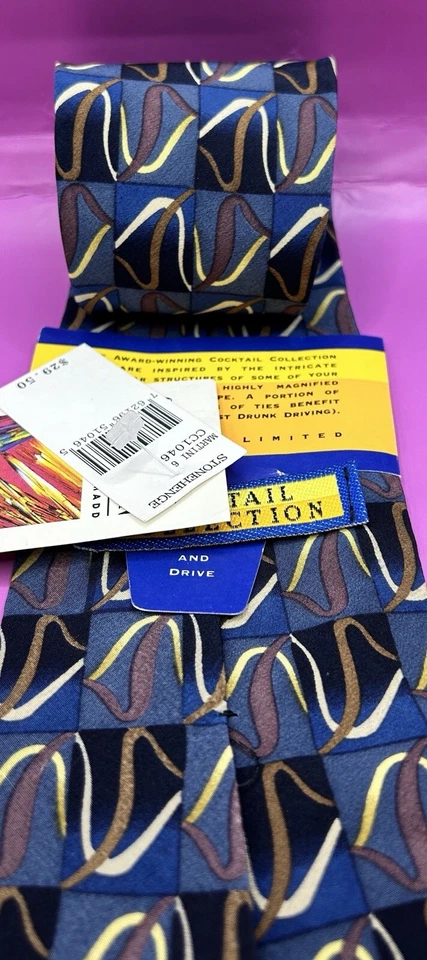 New Cocktail Collection Martini Stonehenge Blue 100% Silk Men’s Necktie Tie USA - Image 3 of 4