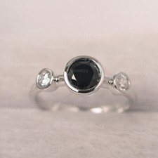 Black Onyx Ring 925 Sterling Silver Ring Round Cut Ring Three Stone Ring