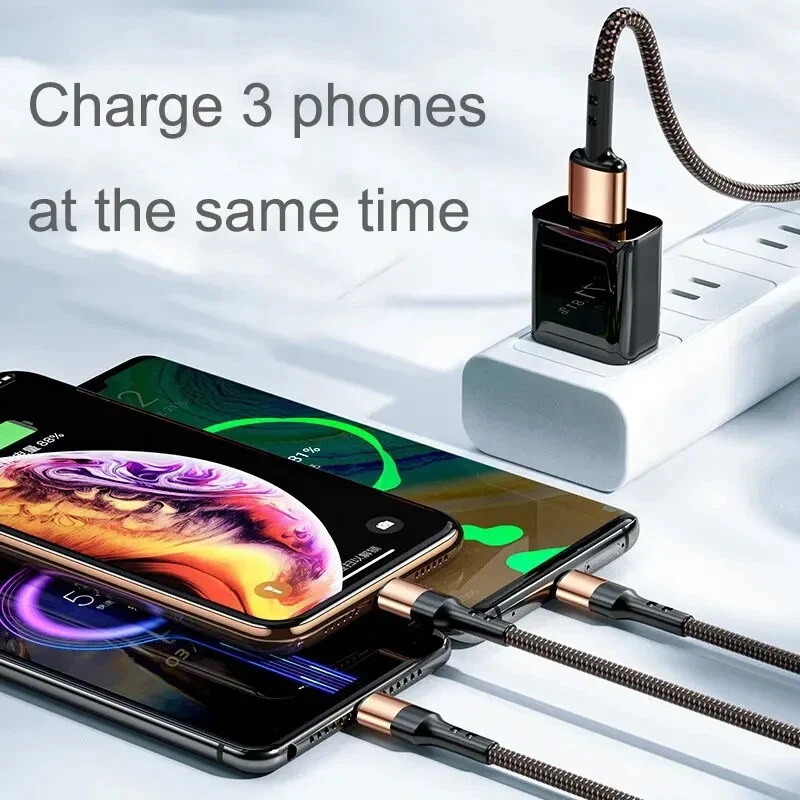 3 in 1 iPhone Charger Cable USB C Type C Micro USB Fast Charging 5A Braided Gold - Image 3 of 4