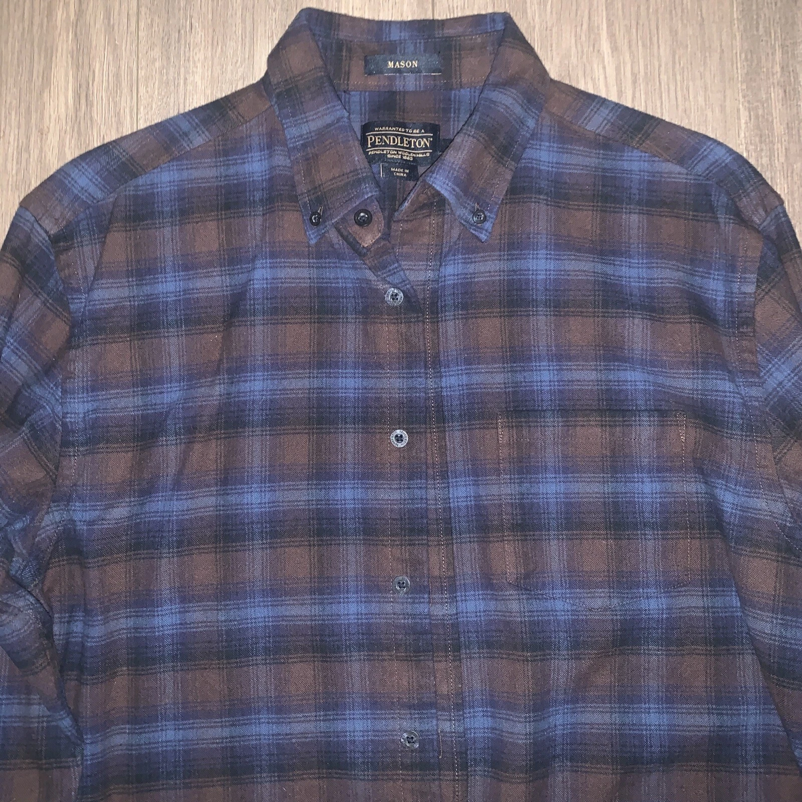 Pendleton Mens M Blue Plaid Long Sleeve Flannel Button Up Wool Outdoor Shirt