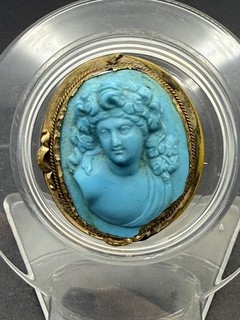 Antique 19Th C Turquoise Glass Full Face Cameo Goldfield Frame Chipped C5