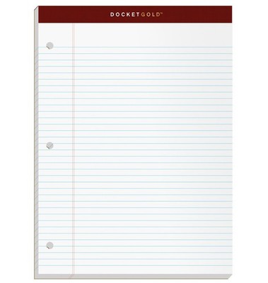 TOPS Docket Gold Writing Pads, 8-1/2'' x 11-3/4'', Narrow Rule, 3-Hole White 