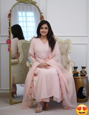 Women Elegant Anarkali Kurta Pant Dupatta Set Ethnic Occasion Outfit