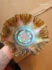 Super Pretty Fenton Carnival Glass Green Dragon & Lotus Pattern 3&1 Edge Bowl