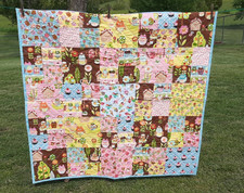 Handmade Baby/Toddler Quilt 44"x44" Moda cupcakes,pink, brown, blue, multi-color