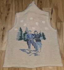 Vtg. Eddie Bauer Legends Beige Vest Sweater Trees Ice Skater Collar Wool Medium