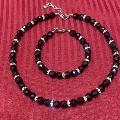Carolee 15-17.5 Necklace and 8 Bracelet Black and Rhinestone Set