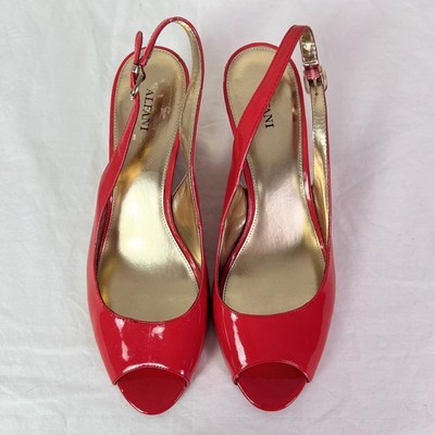 Alfani Bess Wedge Sandals 10M Red Patent Peep Toe Slingback Gold Trim Heels