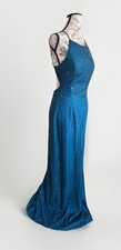 Vintage 90s Y2K SCALA Teal Silk Beaded Bodycon Maxi Prom Party Dress Flaws
