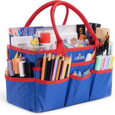 600D Nylon Craft Art Organizer Tote Bag With Pockets, Red And Blue Art Caddy
