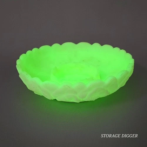 Vintage Fenton Uranium Custard Glass Round 8.25" Ashtray Bowl, Flowers Design