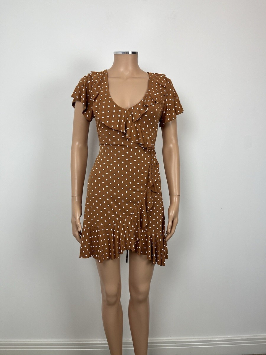 Boohoo Caramel Brown White Polka Dot Jersey Wrap Front Ruffle Tea