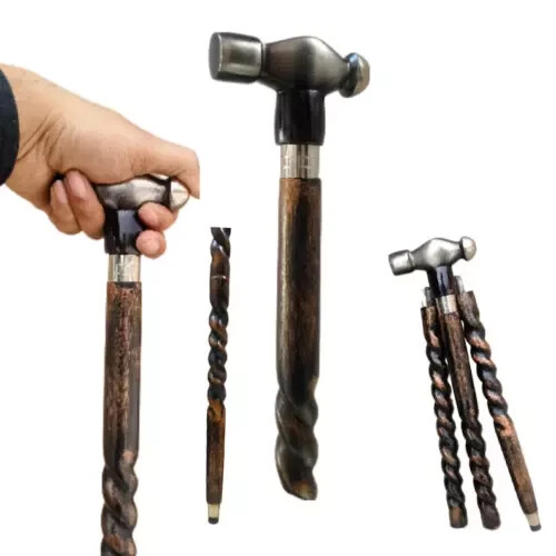 Solid Antique Hammer Style Head Handle Wooden Walking Stick Handmade Designer - Picture 1 of 6