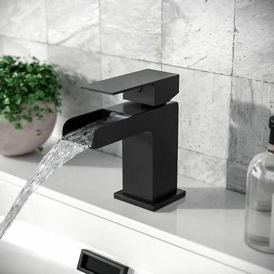 KBPLUMB-BATHWARE Modern Matt Black Waterfall Bathroom Tap Basin Sink Mono Mixer Cloakroom & Waste