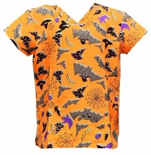 Women Fashion Halloween Medical Nursing Scrub Pumpkin Base Bat Hat Ghost L