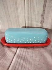 Christmas Butter Dish w/ Lid Red Blue White Dots Ceramic Handmade SIGNED