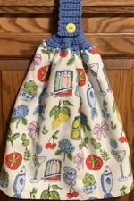Double hanging kitchen towel food fruit flowers crocheted blue top