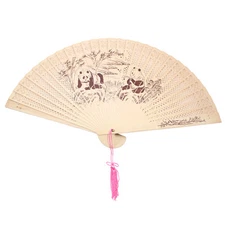 Double Sided Wooden Asian Panda Print Design Hand Fan Party Decoration Gift