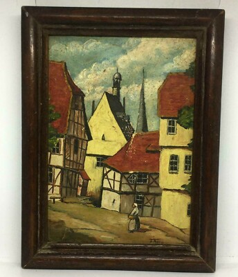 Vintage Rare Old Picture Art Hand Painted Oil Painting Middle Ages Homes Woman
