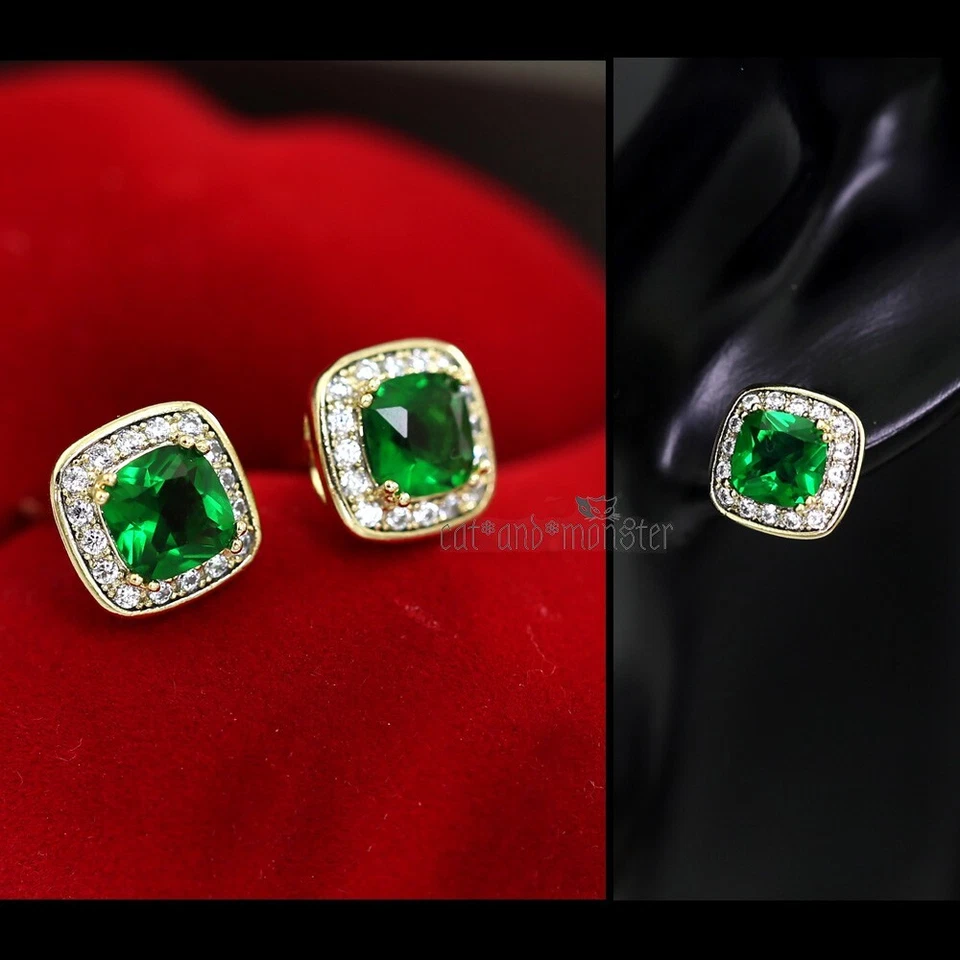 14K GOLD GF EMERALD GREEN SQUARE HALO SIMULATED DIAMONDS VINTAGE STUD EARRINGS Foto 2 de 4