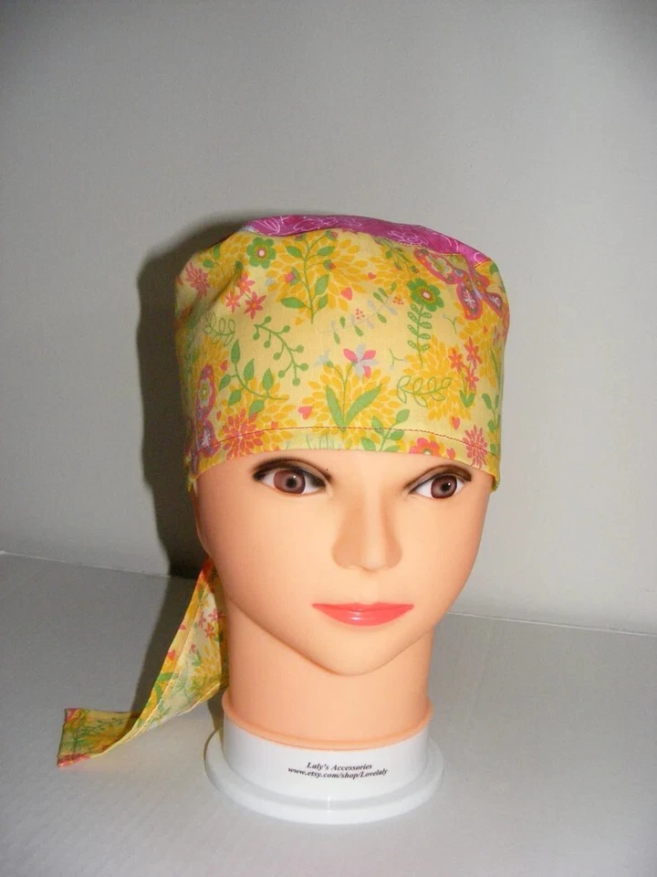Scrub Surgical Cap Doctor Nurse Hospital Yellow/Pink Handmade Ships Free - Image 2 of 4