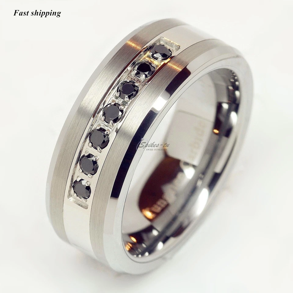 Luxury Best Tungsten Ring Black CZ Inlay Mens Wedding Band Brushed Size 6-13 - Image 3 of 4