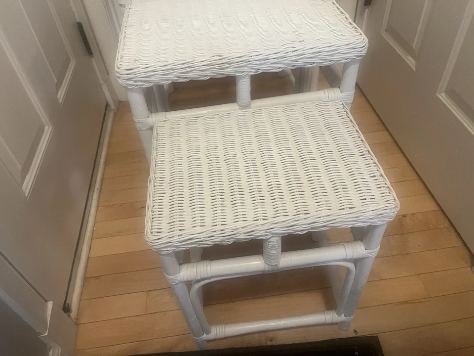 Vintage White Boho Chic Bamboo Rattan and Wicker Nesting Tables - Set of 3 - Image 2 of 4
