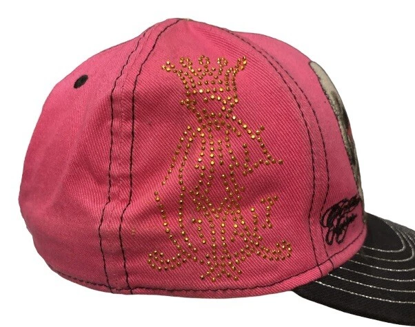Vtg Christian Audigier Skully Fitted Hat Crystal Embellished Y2K Pink/Black Cap - Image 2 of 4