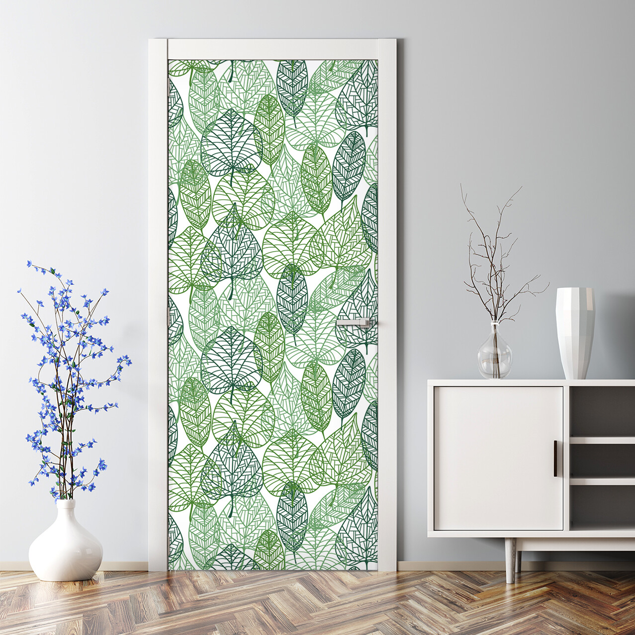 Forest Leaves Bubble Free | Green Botanical Artwork | Repositionable Door Decal