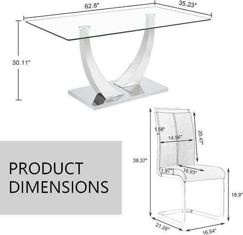 63" Dining Set of 5 PCs, 1 Tempered Glass Dining Table w Silver Base+4 Chairs - Picture 22 of 23