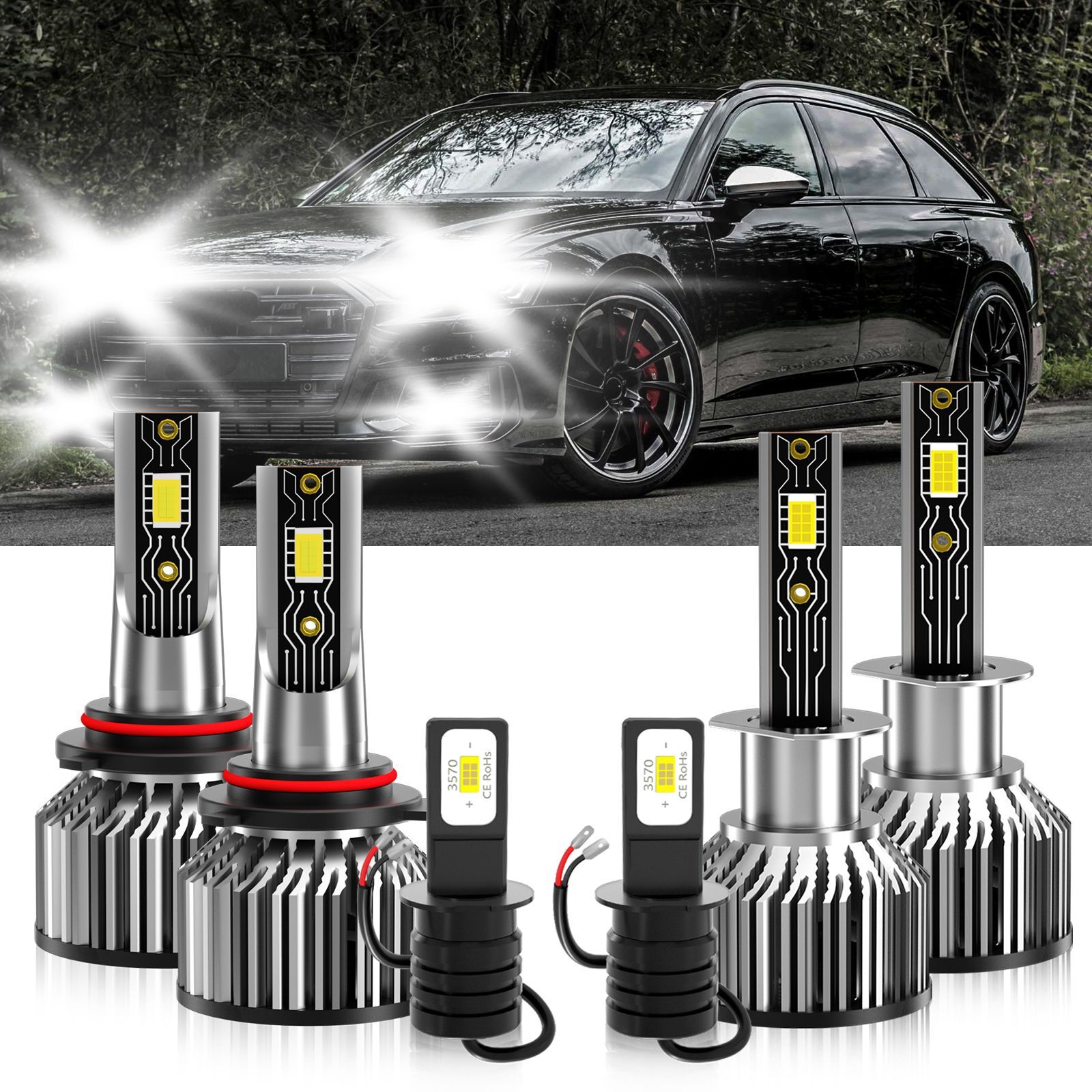 For Audi S6 1997-1997 6x LED Headlight High Low Beam+Fog Light Bulbs Kit white
