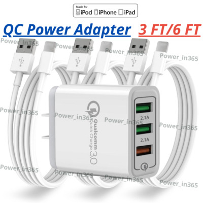 Fast Charger Block Power Adapter Cube USB Cable 3/6FT For iPhone 6 7 8 XR 11 12