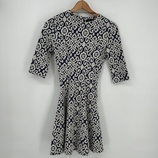 Zara Dress Womens Extra Small Blue White Jacquard Flared 3/4 Sleeve