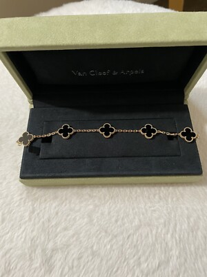 Authentic VCA Vintage Alhambra Chain Bracelet 18k Yellow Gold Black Onyx 