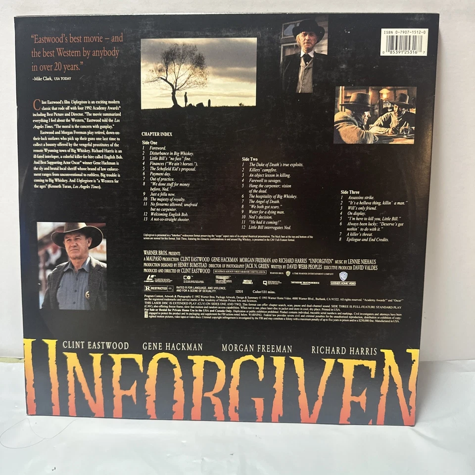 Unforgiven Widescreen Laserdisc 1992 Clint Eastwood Gene Hackman Morgan Freeman - Image 2 of 2