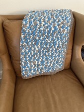 Handmade Baby Throw- Blue, Ivory, Brown 35.5 X 30.5- Super Soft