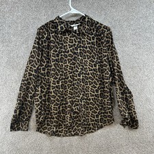 H  M Women's Button Up Top Size Medium Orange Black Animal Print Collared