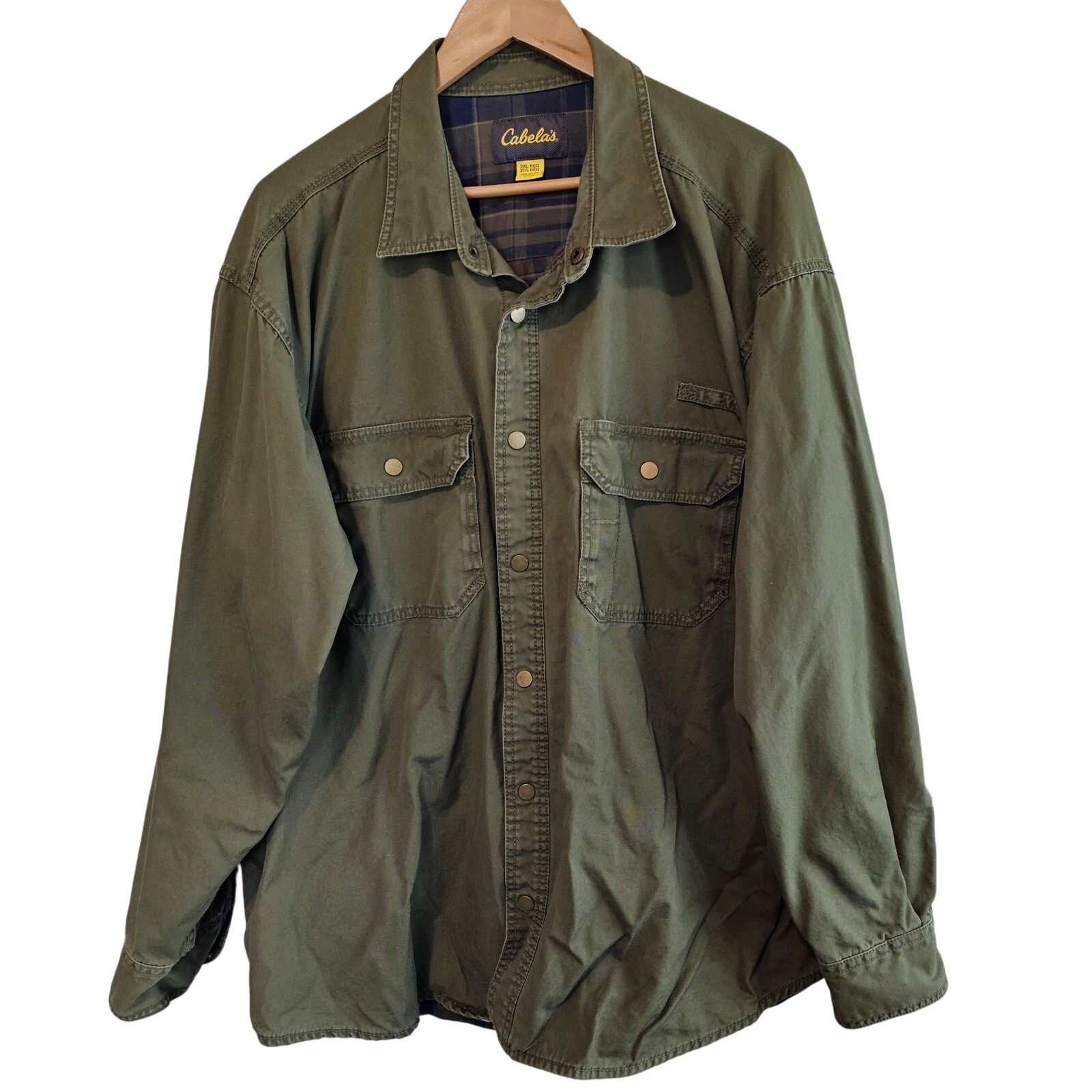 Cabela's Shacket Men 2XL Green Canvas Flannel Plaid Hunting Outdoors Utility