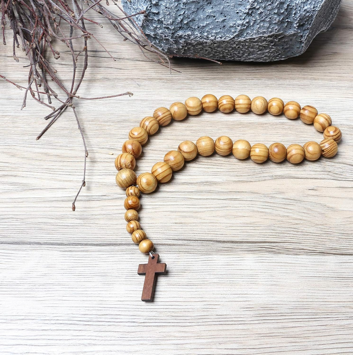 300Pcs 10mm Natural Round Striped Wood Beads Light Brown Assorted Wooden Loose S