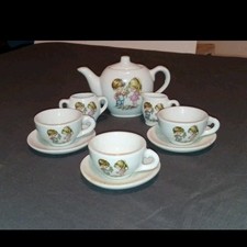 9 Piece Vintage Child's China Tea Set w/Girl Boy Motif.