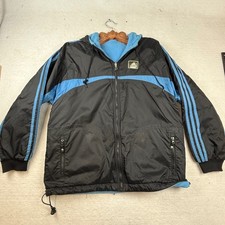 Vtg 90s Adidas Black Blue Fleece reversible Hooded Windbreaker Jacket Mens Large