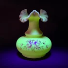 Fenton Uranium vaseline Art Glass Burmese 6" Hand Painted Roses Ruffled Vase