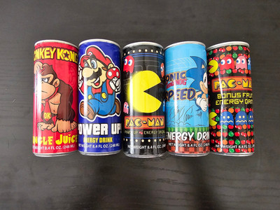 SEGA/NINTENDO/NAMCO Energy Drinks (DK,Sonic,Mario&PacMan) *Emptied*