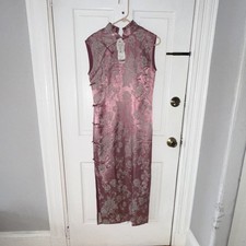 Pink Silk Qipao Dress Women s Size XL Sleeveless High Collar Floral