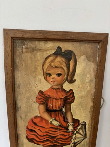 Vintage Maio Picture Big Eyed Girl 1970’s Painting Print In Original Frame - Picture 6 of 11