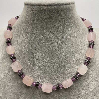 Artisan Made Rose Quartz Gemstone Purple Glass Beaded Knotted Necklace Boho