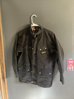 Barbour International Waxed Canvas Jacket Moto Black SzC12 XL Tartan Plaid Lined