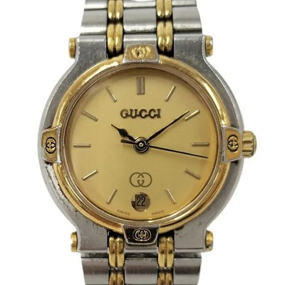 Gucci 9000L Ladies Watch Quartz Two Tone Gold Dial SS GP Vintage Authentic 25mm