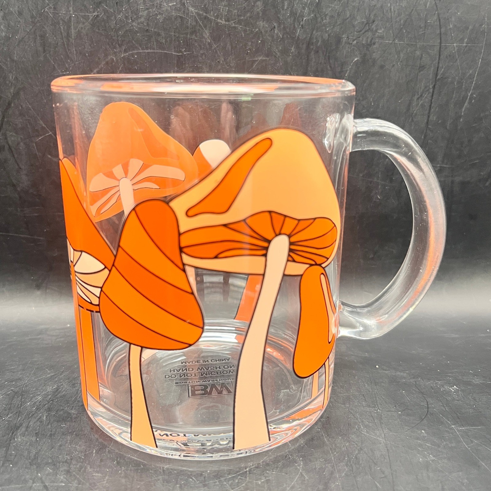 Boston Warehouse Orange Mushroom Clear Glass Coffee Mug Retr